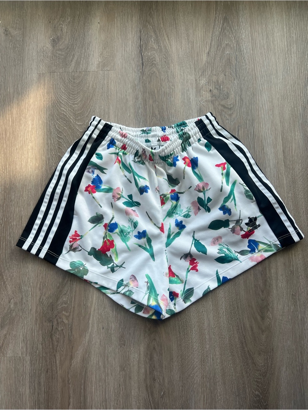 adidas White Floral Athletic Shorts with Black Side Stripes